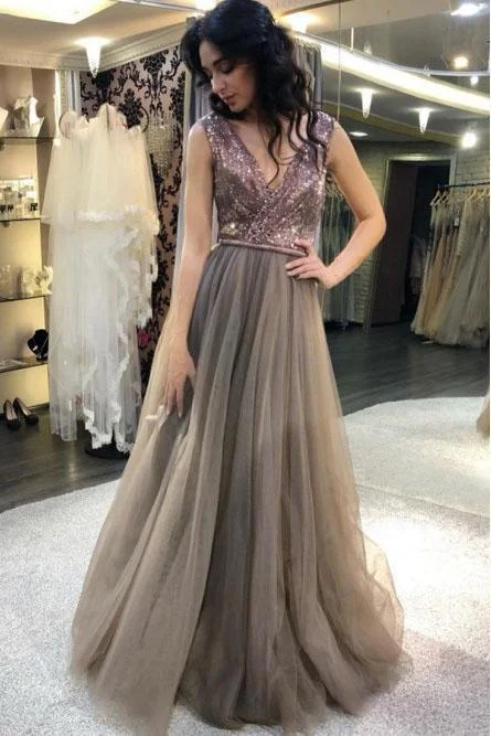 Elegant A Line Gray V Neck Tulle And Sequin Prom Dresses Long Party Dresses Lace Sexy Club