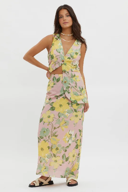 Philomena Midi Skirt Floral Blush zip skirt side