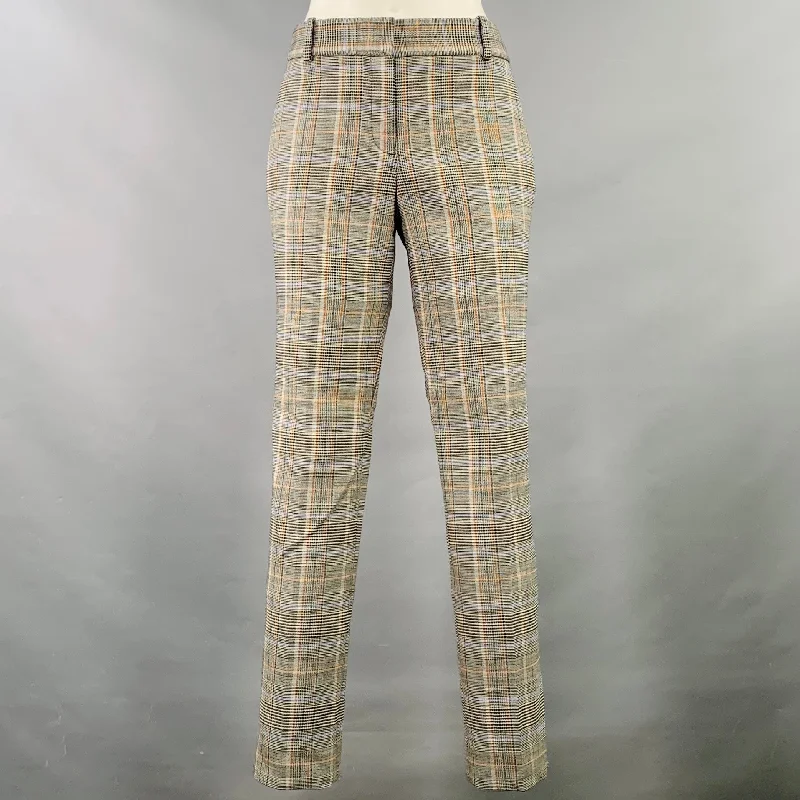 THEORY Size 2 Black White Orange Virgin Wool Blend Glenplaid Dress Pants Elegant Wool Trousers