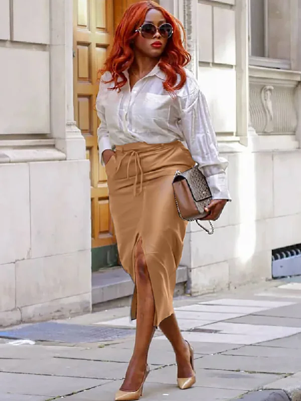 High Waist Lace Up Zip Slit PU Midi Skirts velvet skirt glossy