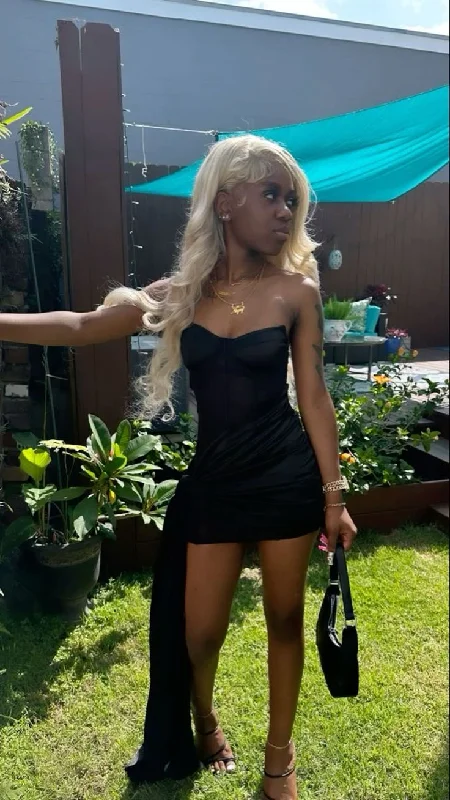 Black Sweetheart Sheath Satin Short Party Dress Homecoming Dress, DP4112 Tunics Short Trendy