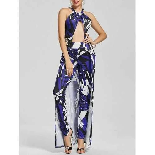 Geometric Print Halter Longline Top+Tight Pants - Blue M Warm Wool Trousers