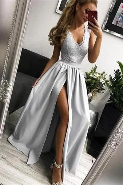 Simple Silver Long V-neck Lace Slit Satin Prom Dresses For Teens Party Dresses Tunics Mesh breathable