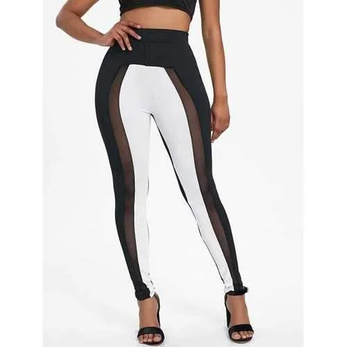 Two Tone Mesh Insert See Thru Pants - L Stretch Fit Pants