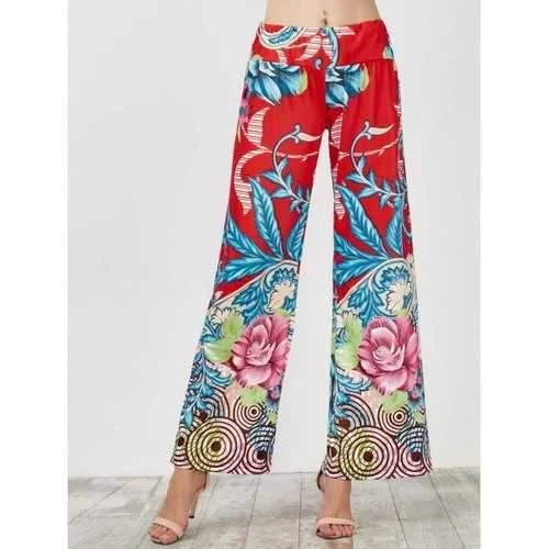 Elastic Waist Wide Leg High Waisted Pants - Blue And Red S Relaxed Casual Leggings