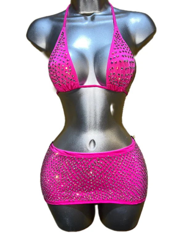 HOT PINK RHINESTONE SKIRT SET velvet skirt luxurious