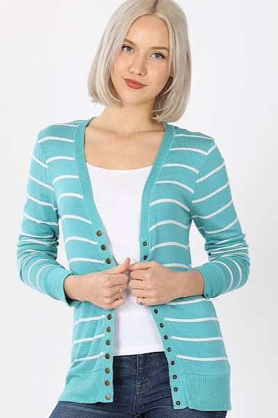 Snap Up Cardigan - Striped Teal Stretchy Elastic Breathable