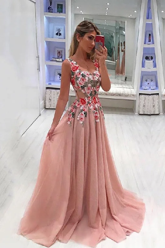 Fashion Blush Pink See Through Lace Flowers Prom Dress Formal Evening Party Dresses Turtleneck Warm Winter
