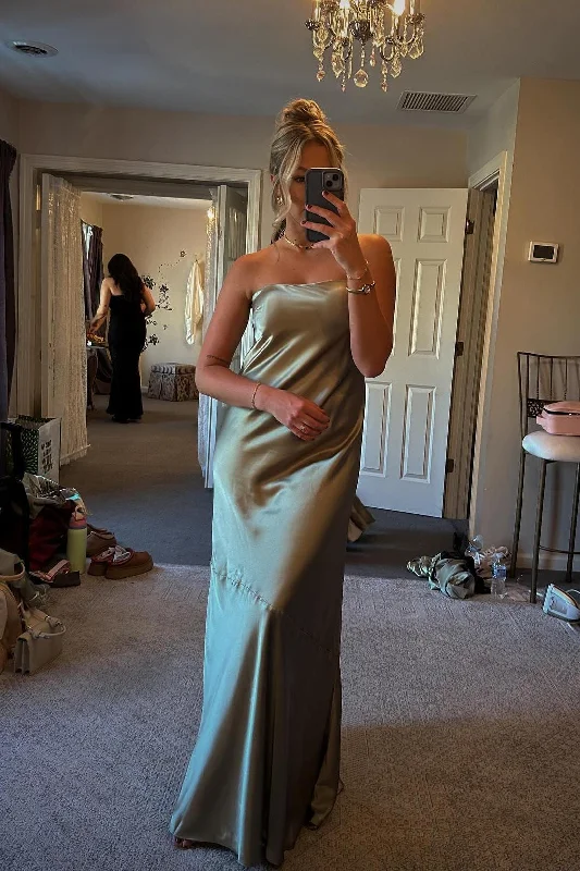 Strapless Olive Green Satin A-line Long Party Dress Tunics Canvas sturdy