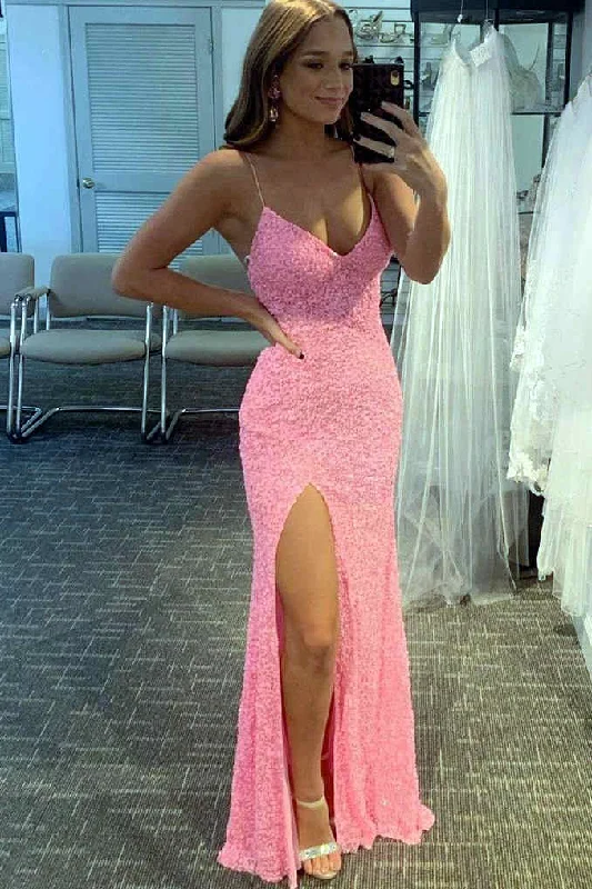 Slit Sequins Flattering Long Mermaid Prom Party Dress Peplum Ruffle Cocktail