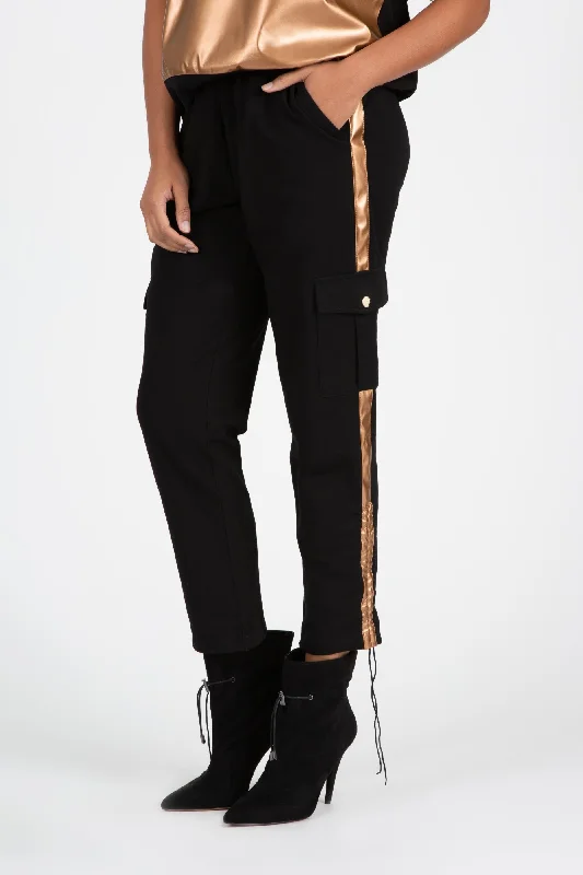 Knit Cargo Pant w Faux Leather Side Strip Black/Bronze Comfy Cargo Trousers