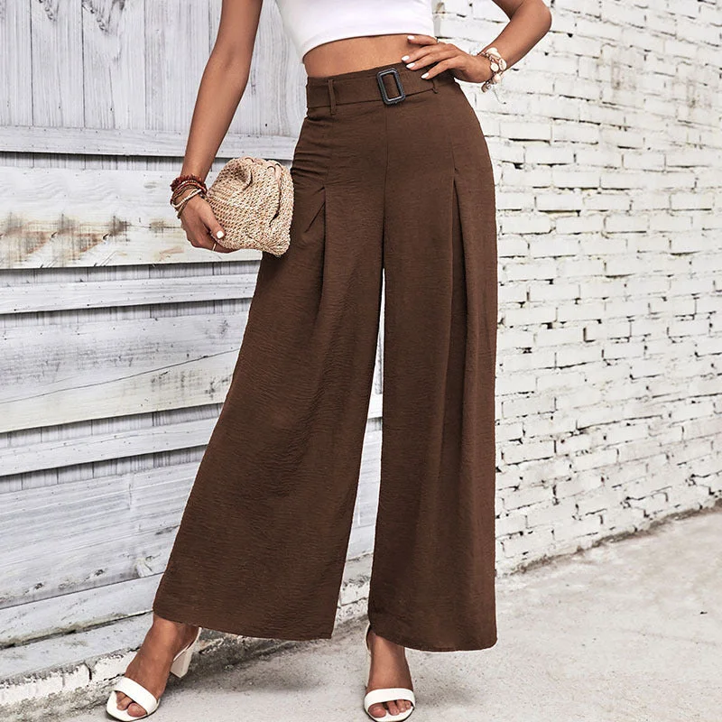 Buckle Belted Pleated High Waist Wide Leg Pants (4 colors) Comfortable Fleece Pants