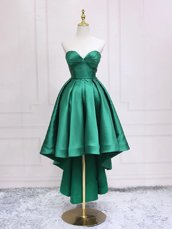 Green Satin High Low Party Dresses, Strapless Green Homecoming Dresses Tunics Mesh breathable