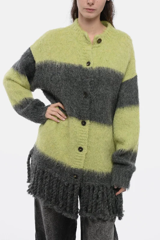 Etro Striped Motif Cardigan With Fringed Hem Silk Blend Satin Velvet