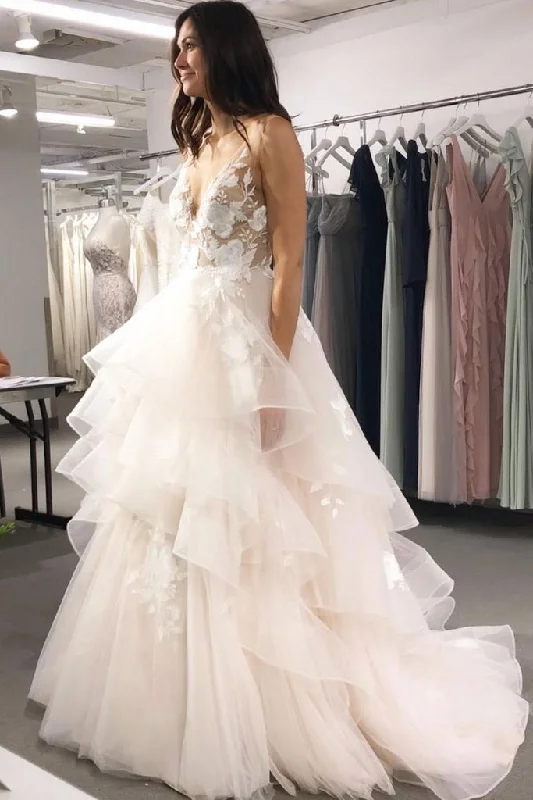 A Line V Neck Tulle Long Prom Dresses Asymmetrical Lace Appliques Party Dresses Tunics Chic fashionable