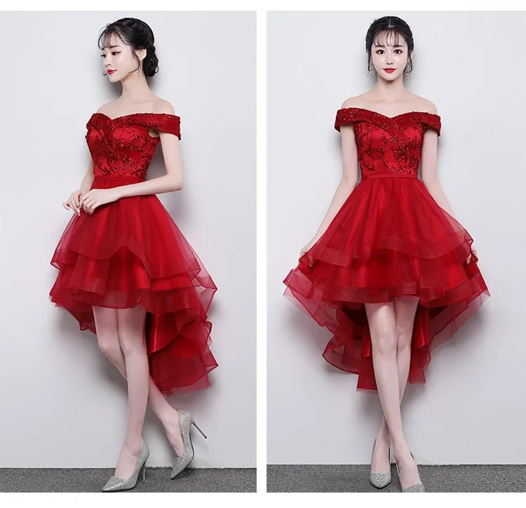 Fashionable High Low Party Dress, Red Off Shoulder Homecoming Dress Halter Neckline Beach