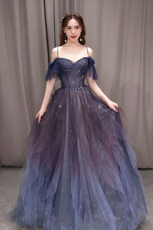 Dark Purple Ombre A-line Tulle Evening Party Dresses  Long Prom Dress Pleated Skirt Elegant