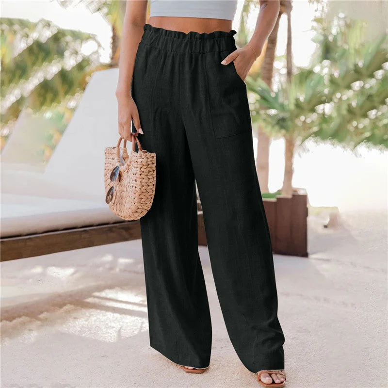 Ruffled Patch Pocket Mid Waist Wide Leg Pants (6 colors) Relaxed Linen Pants