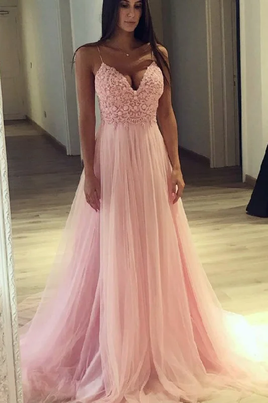 Charming Spaghetti Straps Lace Pink V Neck Princess Formal Prom Dresses Evening Party Dress Tunics Canvas sturdy