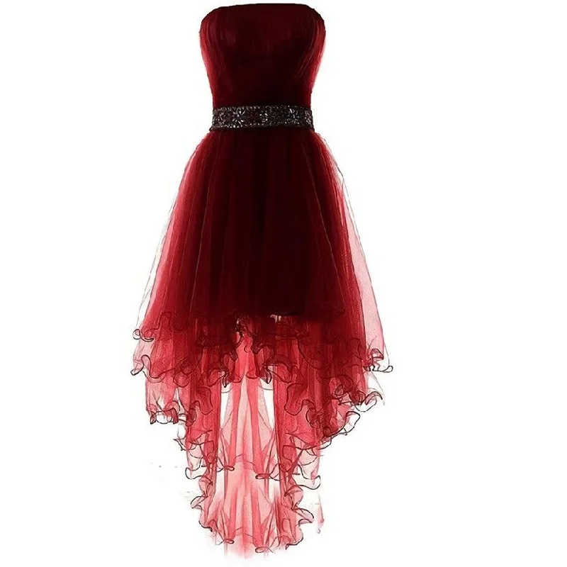 Wine Red Lovely High Low Tulle Homecoming Dress, Cute Party Dress Boat Neckline Classic