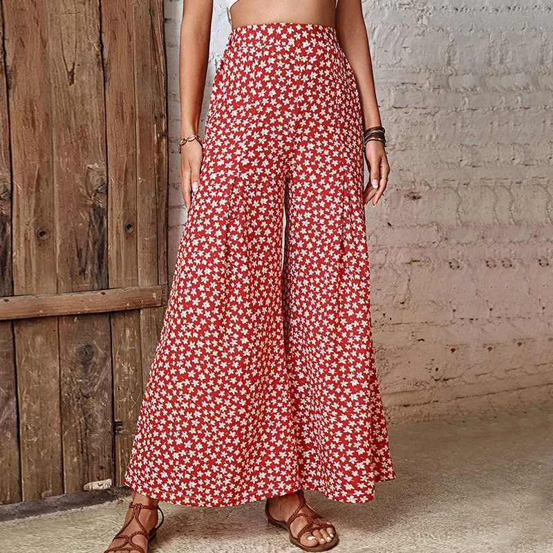 Red Floral Print Pleated Palazzo Pants Comfy High-Waist Jeans