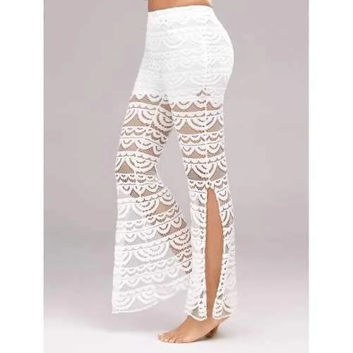Side Slit See Thru Lace Pants - White L Comfy High-Waist Jeans