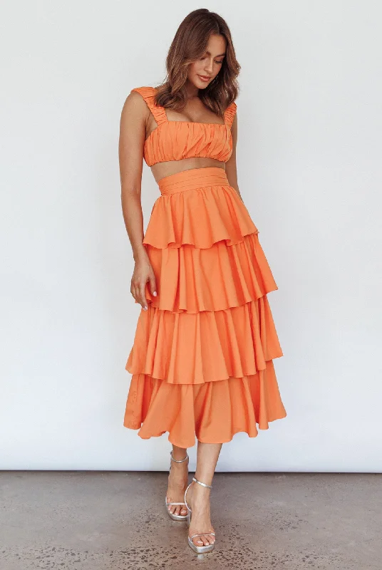 Suenito Tiered Frill Maxi Skirt Orange seamless skirt comfort