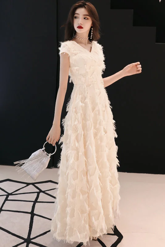 Champagne Short Sleeves Long Party Dress with Featherss Prom Dress Homecoming Dresses Tunics Seasonal trendy