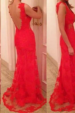 Charming Mermaid Red V-Neck Prom Dress Lace Party Dress Tunics Cozy soft
