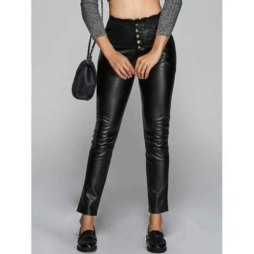 Lace High Waist PU Pants - Black L Comfy Zip-Up Pants