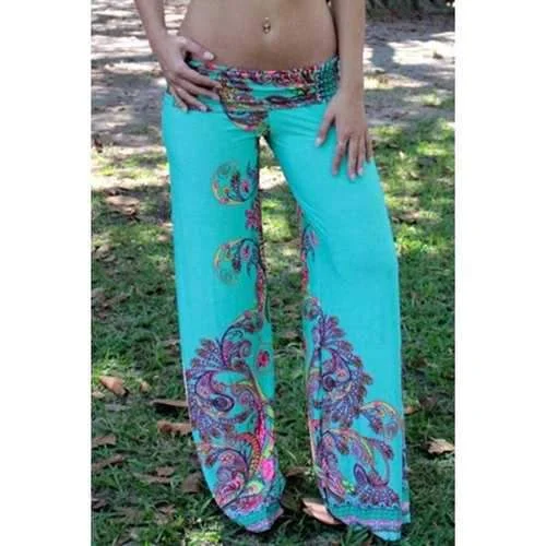 Casual Style Elastic Waist Floral Print  Wide Leg Women's Exumas Pants - Turquoise M Chic Wool Trousers