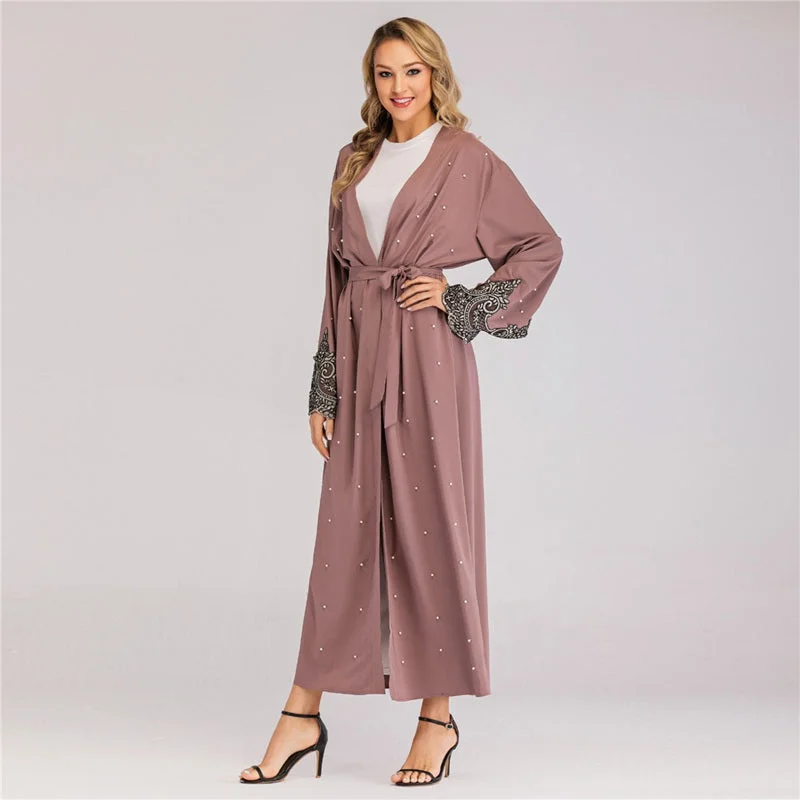 Muslim Women Embroidery And Beads Cardigan Open Abaya Dress Boat Neck Shawl Collar Notched Collar