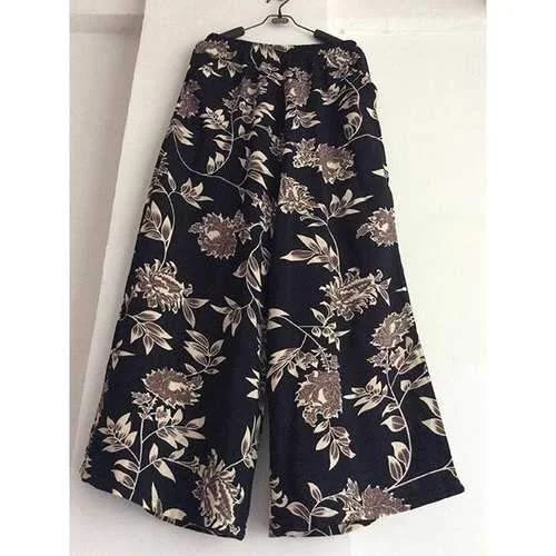 Vintage Style Elastic Waist Floral Print Loose-Fitting Palazzo Pants For Women - Black One Size(fit Size Xs To M) Casual Lounge Pants
