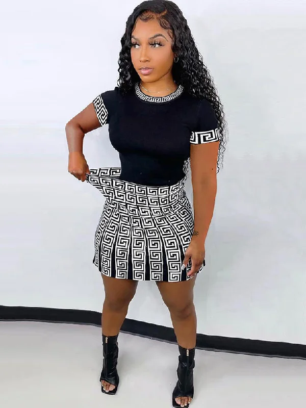 Two Piece Short Sleeve Printed Tops & Skirts floral skirt print