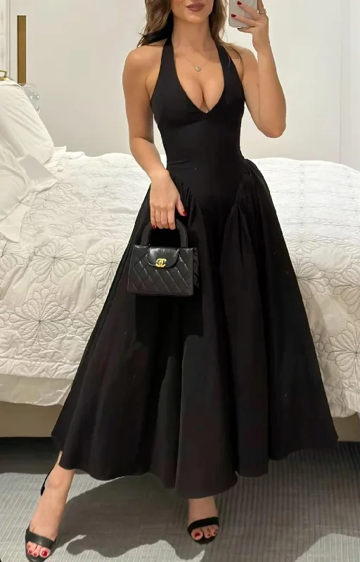 Elegant Halter Neck A-Line Black Long Party Dress Evening Dress, DP4405 Sequined Elegant Party
