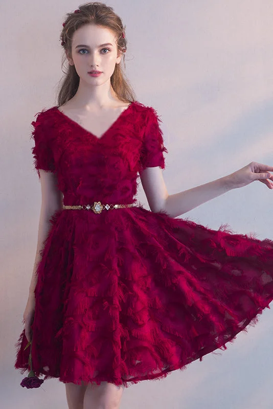 Short Sleeves V-Neck Tea-length Party Dress with Featherss Prom Dress Homecoming Dresses Tunics Summer linen