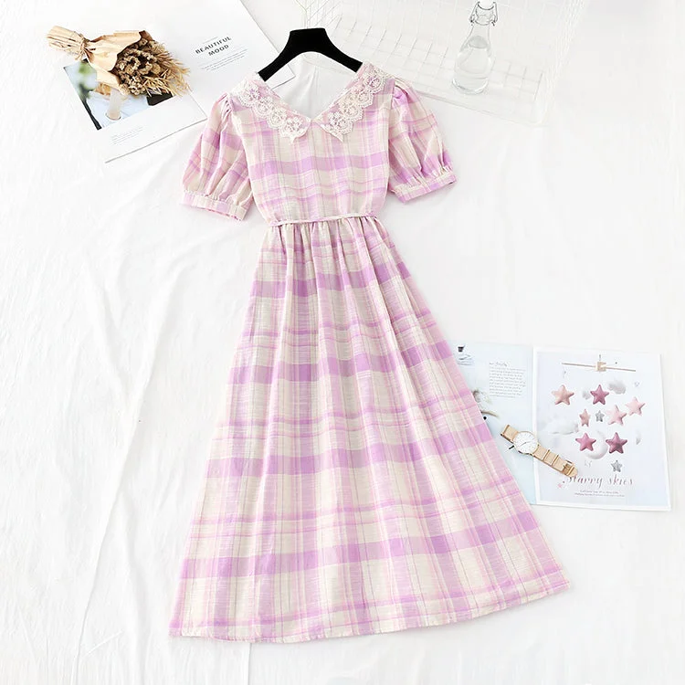 Lace doll collar sweet Plaid Cotton Linen Skirt fairy super fairy series  4154 silk skirt sleek