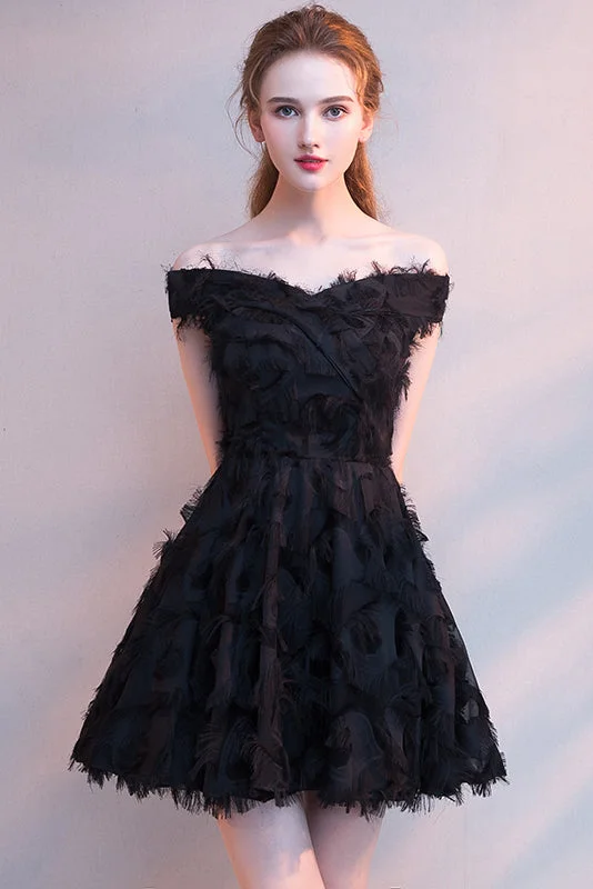 Black Off-The-Shoulder Feather Party Dress Short Mini Homecoming Dress Tunics Trousers formal