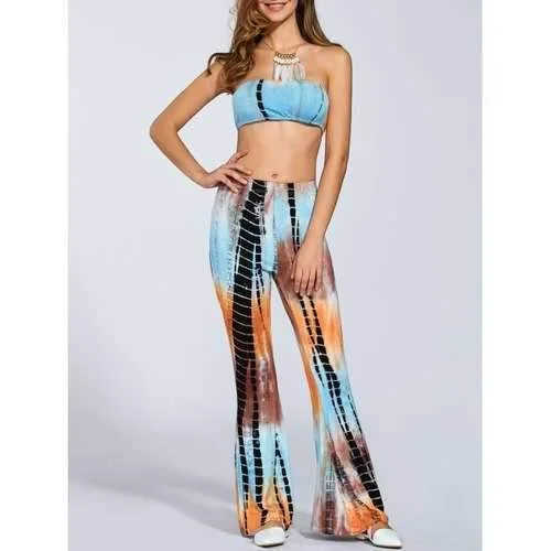 Tie-Dyed Tube Top and Flare Palazzo Pants - Light Blue L Elegant Wool Trousers