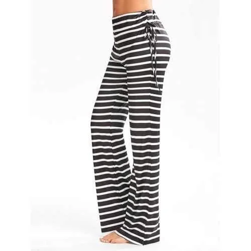 Striped Elastic Waisted Flare Pants - White And Black S Comfortable Pleated Pants