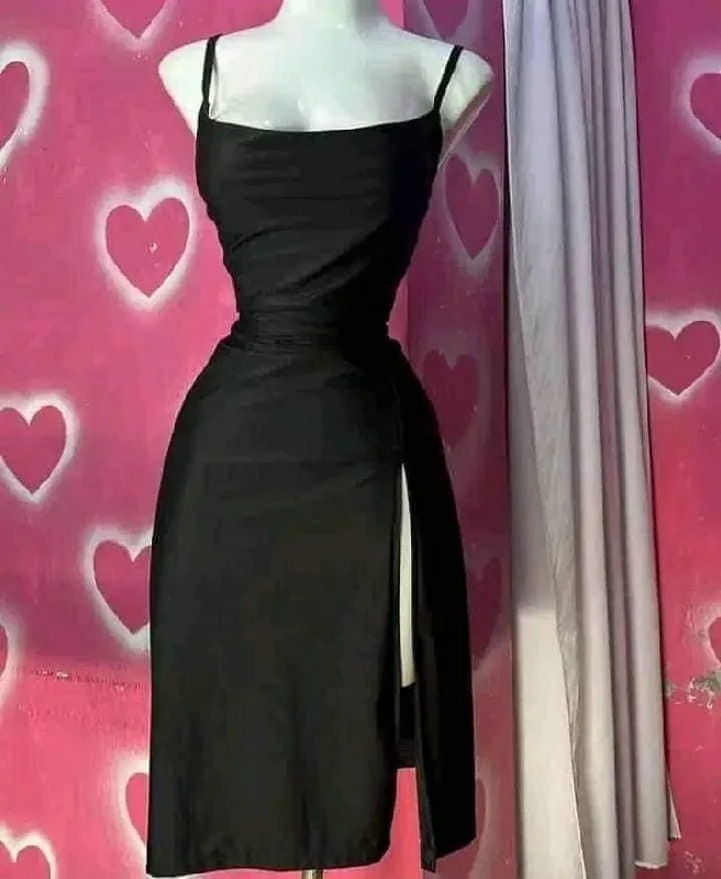 Black Spaghetti Straps Sheath Satin Midi Length Party Dress, DP4099 Tunics stripes playful