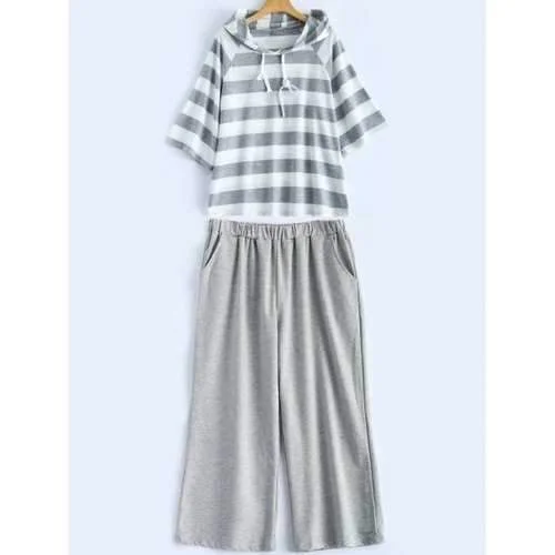 Plus Size Stripe Hoodie and Casual Pants Set - Gray 4xl Classic Pleated Pants