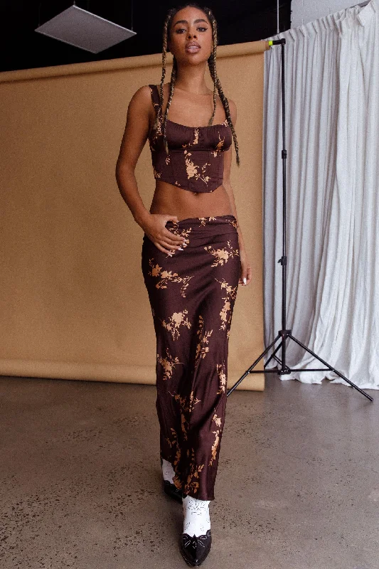 Hara Slip Midi Skirt Floral Brown asymmetrical skirt cut
