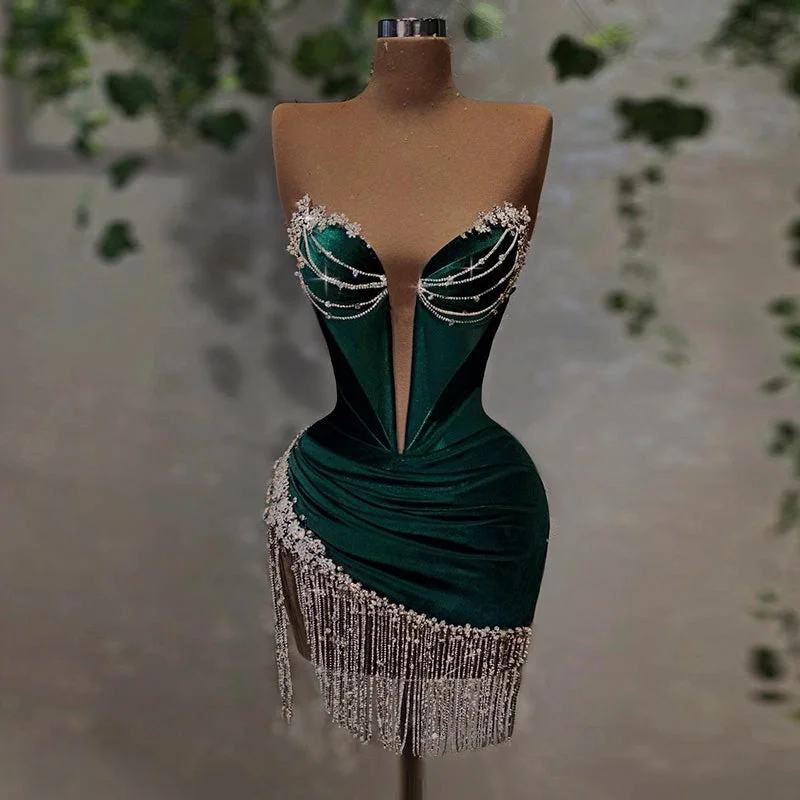 Green Crystal Tassel Velvet Short Cocktail Party Dress RM049 Tunics Bestseller popular