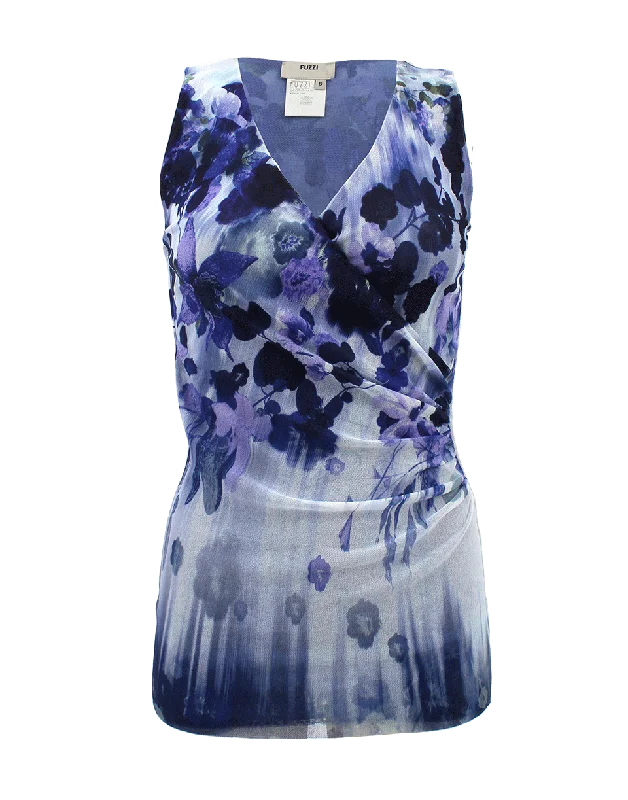 Sleeveless V-Neck Floral Print Tank teal tank top