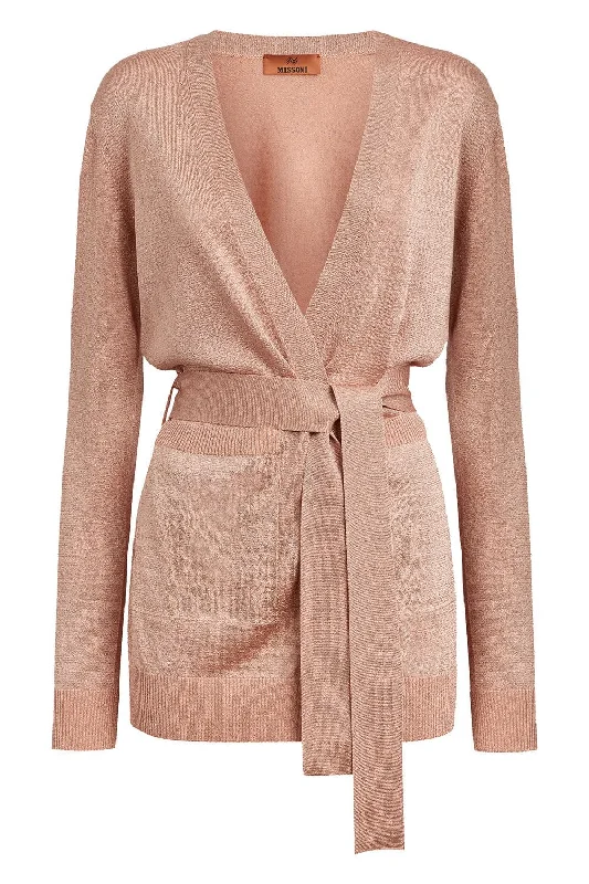 Long Cardigan - Light Pink Lace Blend Ribbed Blend Corduroy Blend