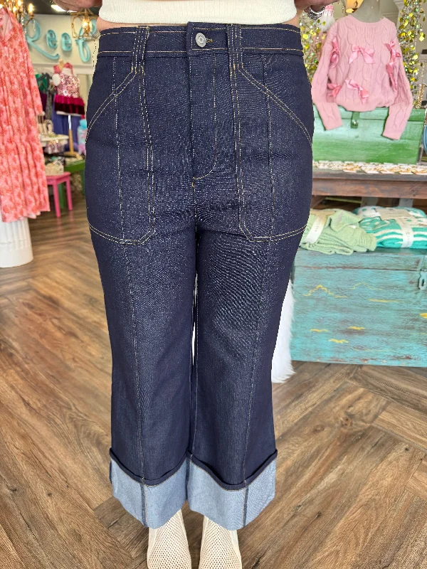 Cuff Detail Denim Pants Casual Yoga Pants