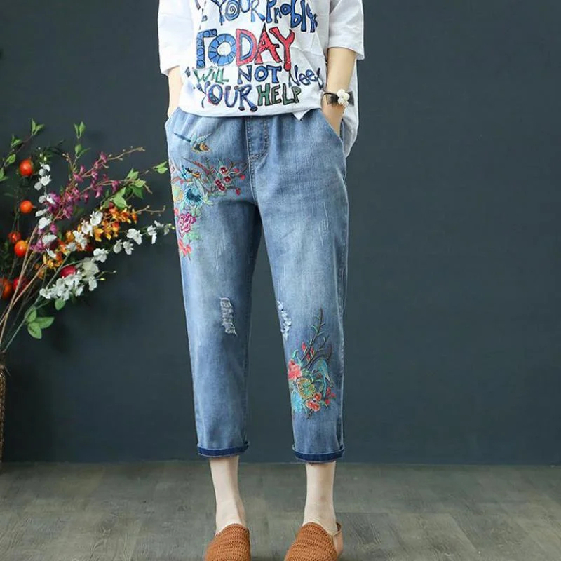 Embroidery Detailed Retro Drawstring Ripped Loose Denim Pants Comfy Zip-Up Pants