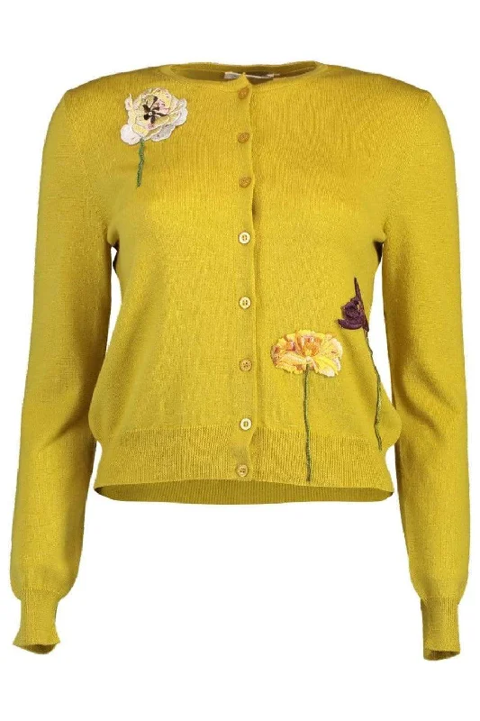 Floral Threadwork Cardigan - Yellow Cotton Fabric Linen Fabric Terry Fabric