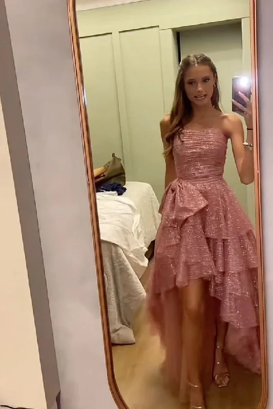 Strapless High Low Rose Gold Shiny Party Dress Tunics Corduroy durable